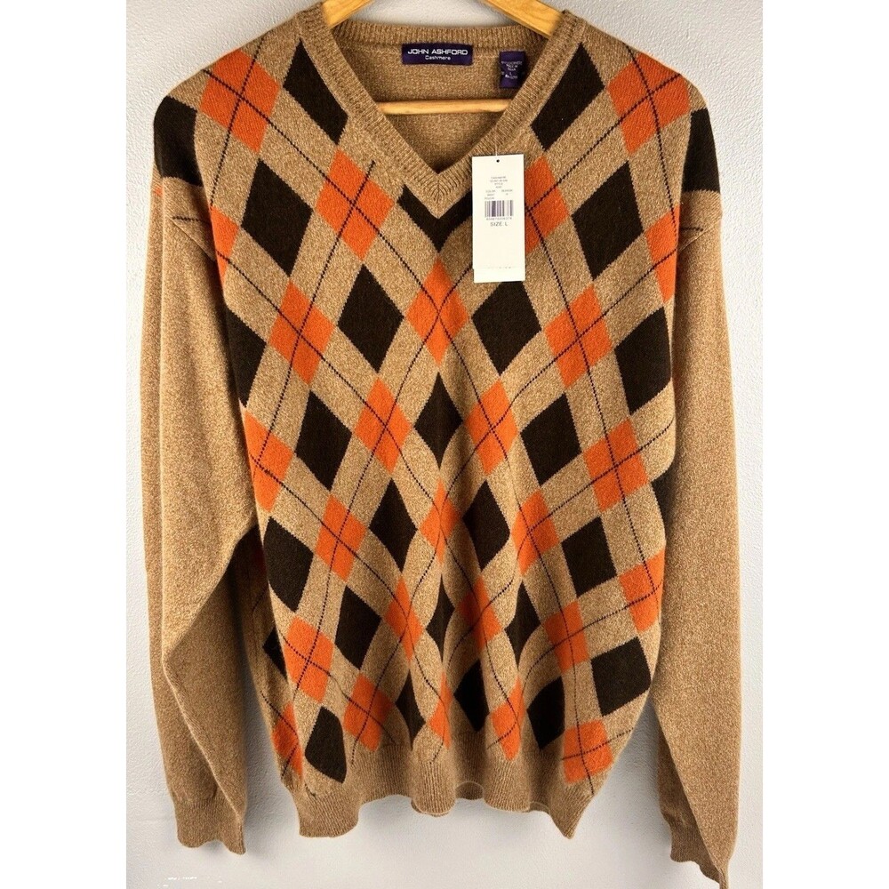 Vtg John Ashford V Neck Cashmere Argyle Pattern Fall Colors Mens L NWT